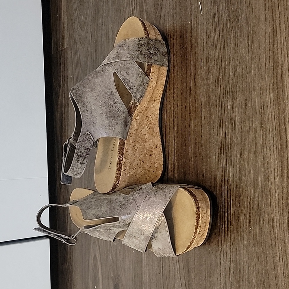 Pierre Dumas platform bronze pewter sandals, size 8½, 8.5, cork wedge